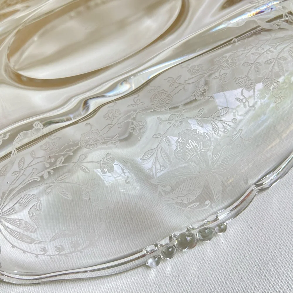 Heisey Glass etched orchids vintage clear divided three part serving tray dish
